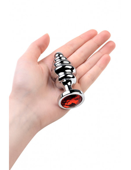Анальная ребристая пробка TOYFA Metal из металла серебристая с рубиновым стразом 95г /8х3,5см/