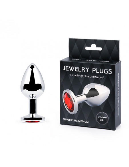 Анальный страз SILVER PLUG MEDIUM металл/стекло серебро/красный 90г /8,2х3,4 см/