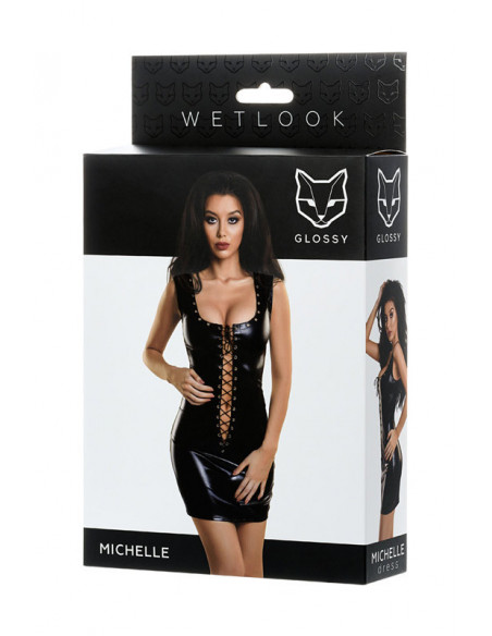 Платье с заклепками и шнуровкой Glossy MICHELLE Wetlook чёрное /L/